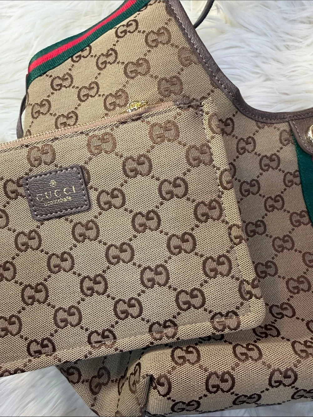 Beige Supreme Canvas Tote with Green and Red Stripe Accent